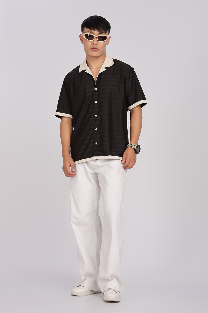 Textured Fabric: Stripes Black Cuban Shirt