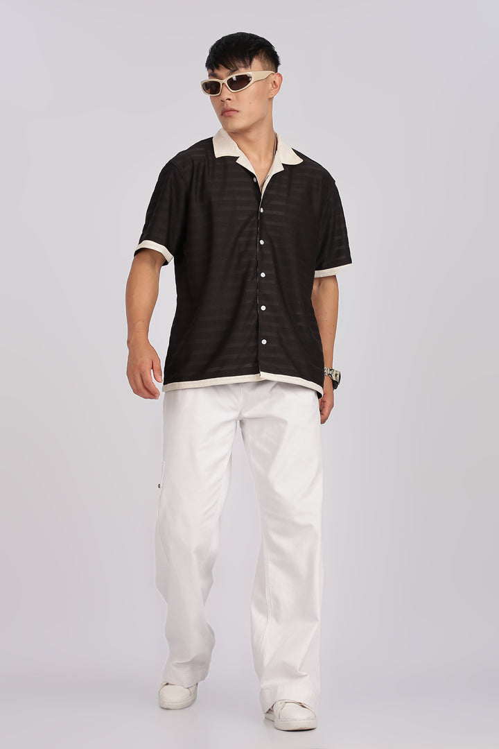Textured Fabric: Stripes Black Cuban Shirt