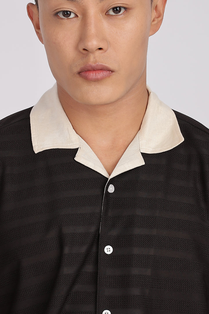 Textured Fabric: Stripes Black Cuban Shirt