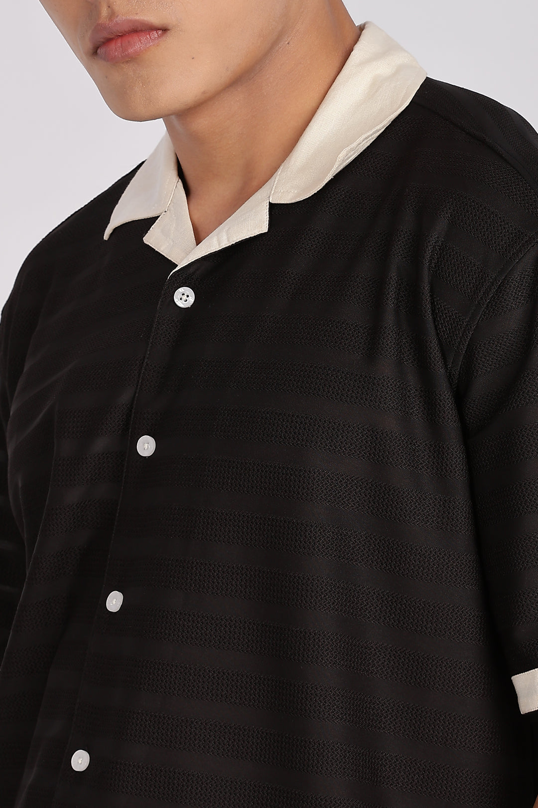 Textured Fabric: Stripes Black Cuban Shirt