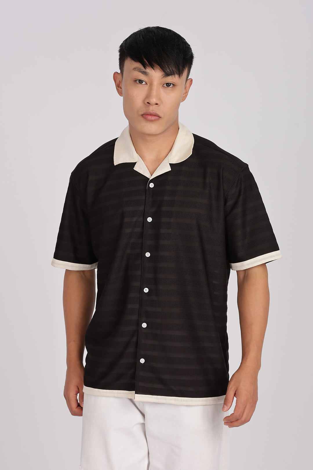 Textured Fabric: Stripes Black Cuban Shirt