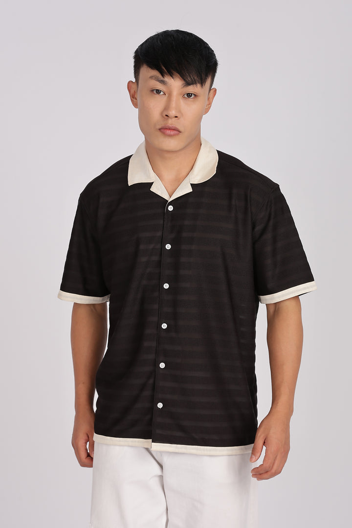 Textured Fabric: Stripes Black Cuban Shirt