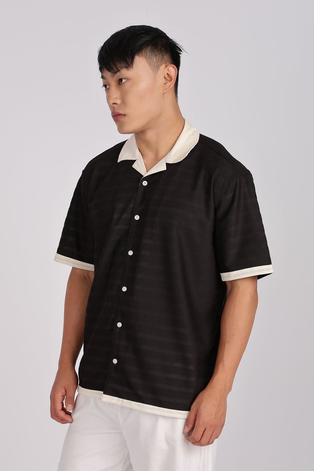 Textured Fabric: Stripes Black Cuban Shirt