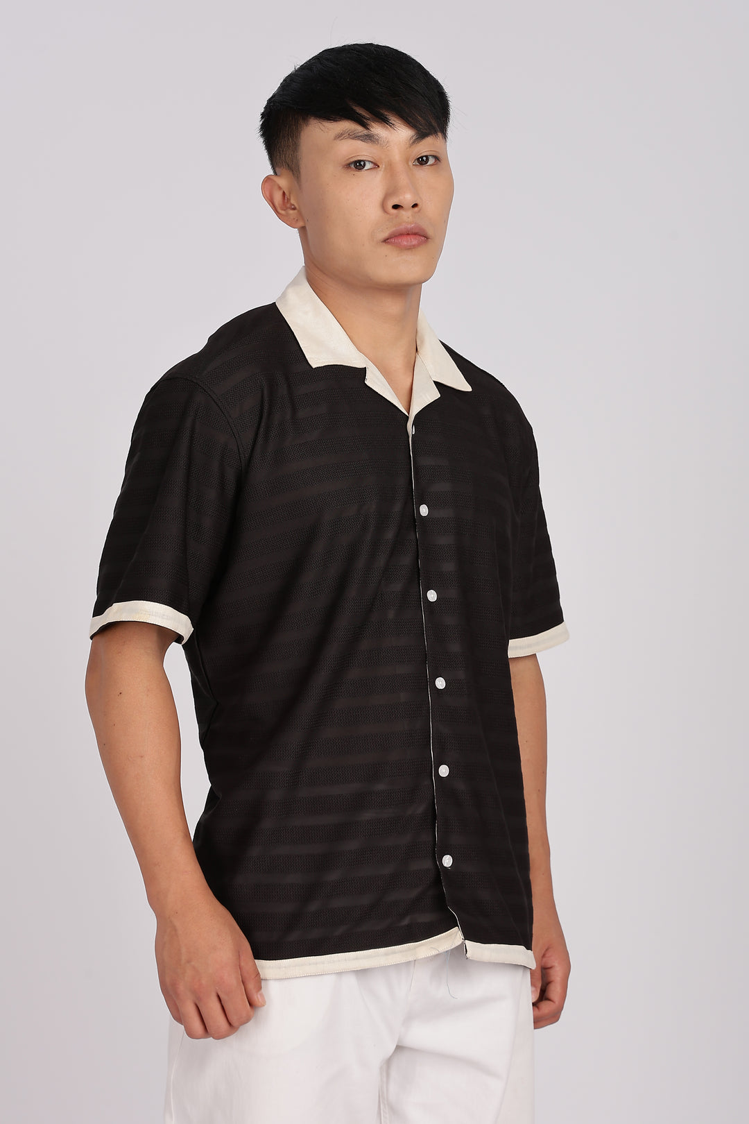 Textured Fabric: Stripes Black Cuban Shirt