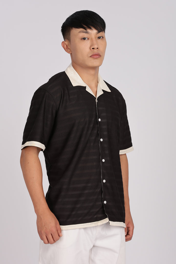 Textured Fabric: Stripes Black Cuban Shirt
