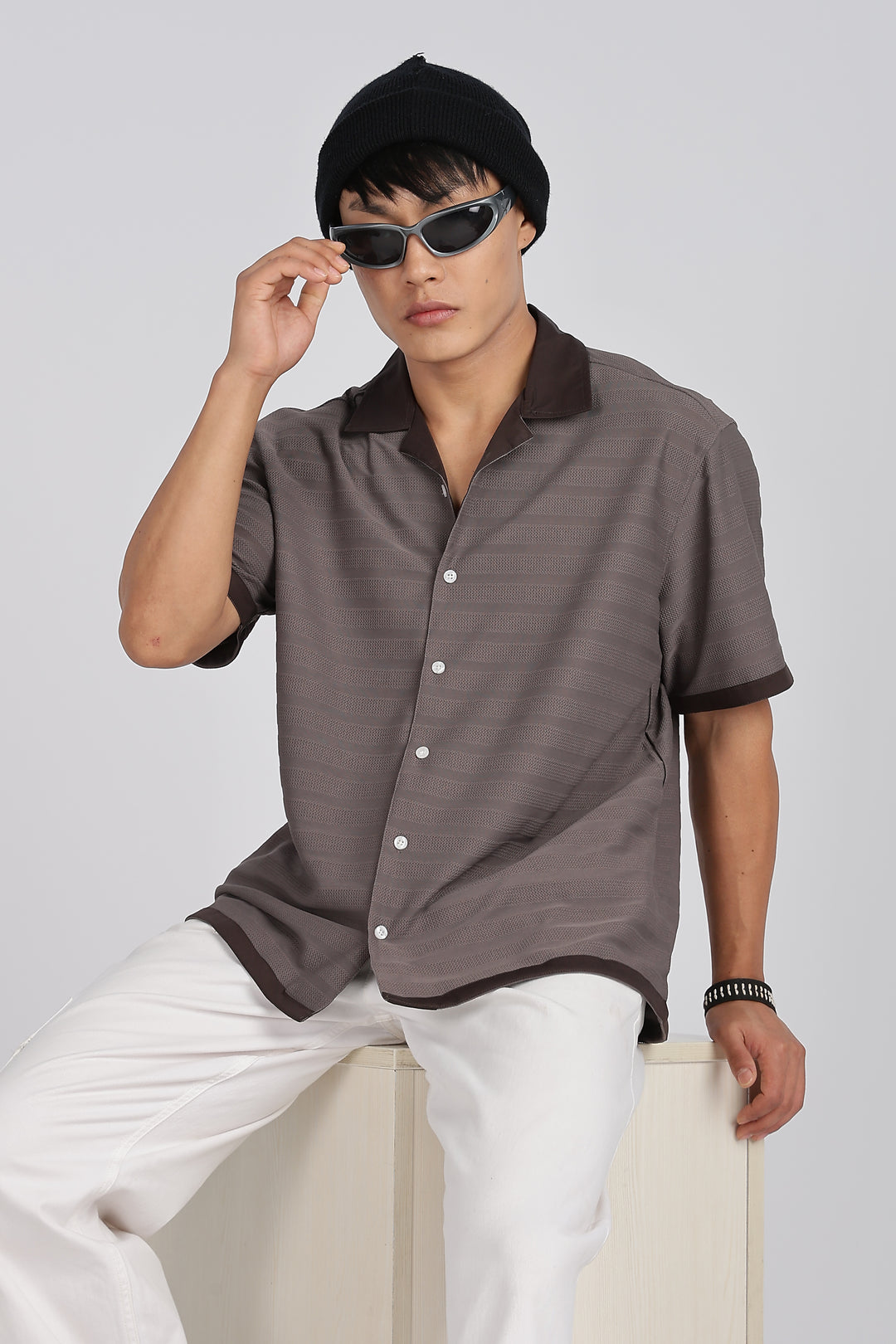Textured Fabric: Stripes Dark Grey Cuban shirt