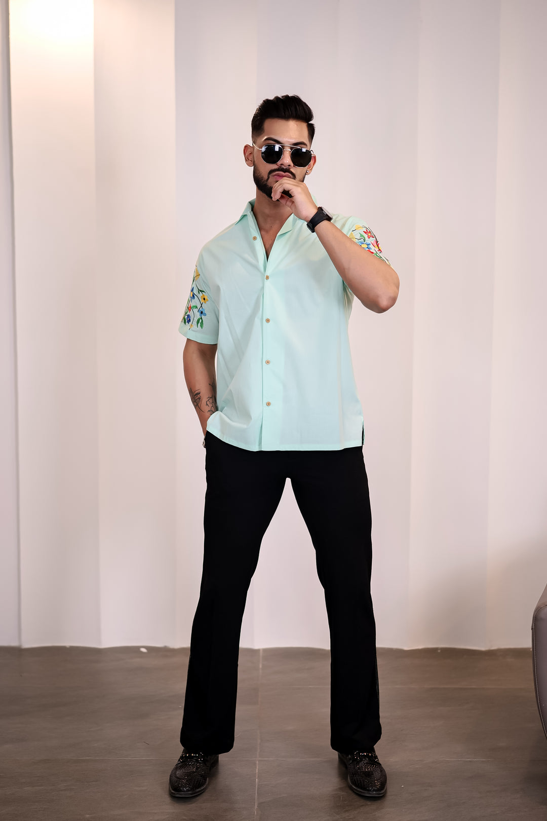 Classic: Floral Embroidery Cuban Green Shirt 3