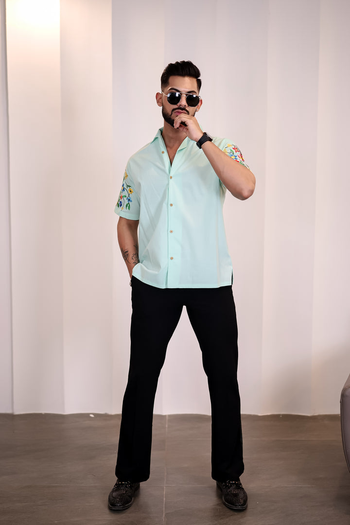 Classic: Floral Embroidery Cuban Green Shirt 3