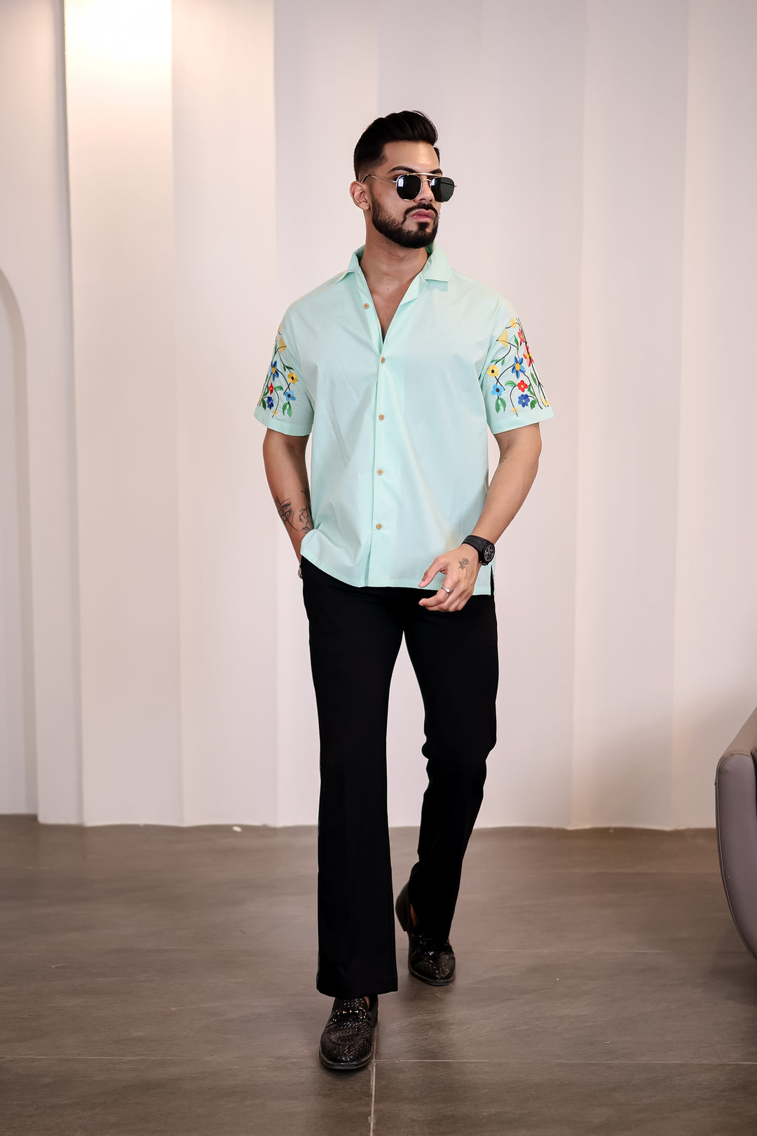 Classic: Floral Embroidery Cuban Green Shirt 4