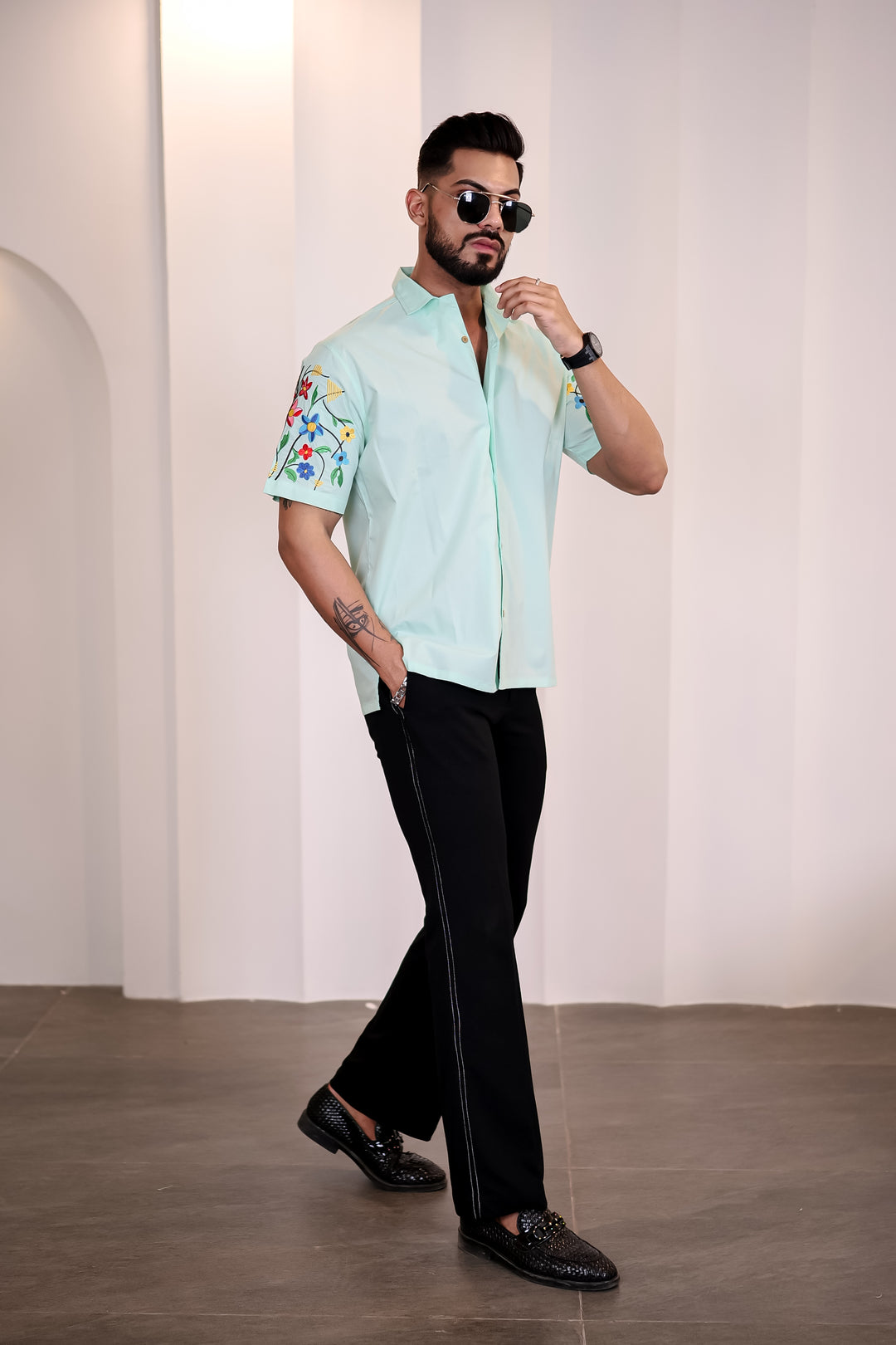Classic: Floral Embroidery Cuban Green Shirt 5