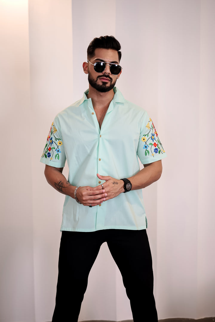 Classic: Floral Embroidery Cuban Green Shirt 6