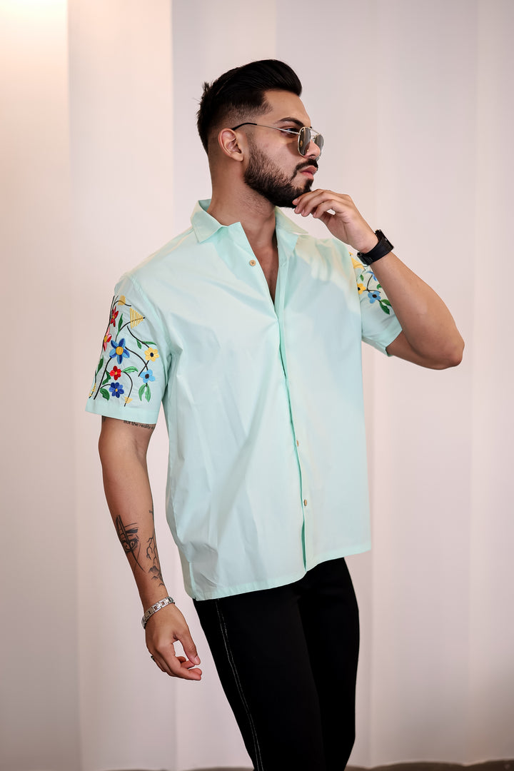 Classic: Floral Embroidery Cuban Green Shirt 7