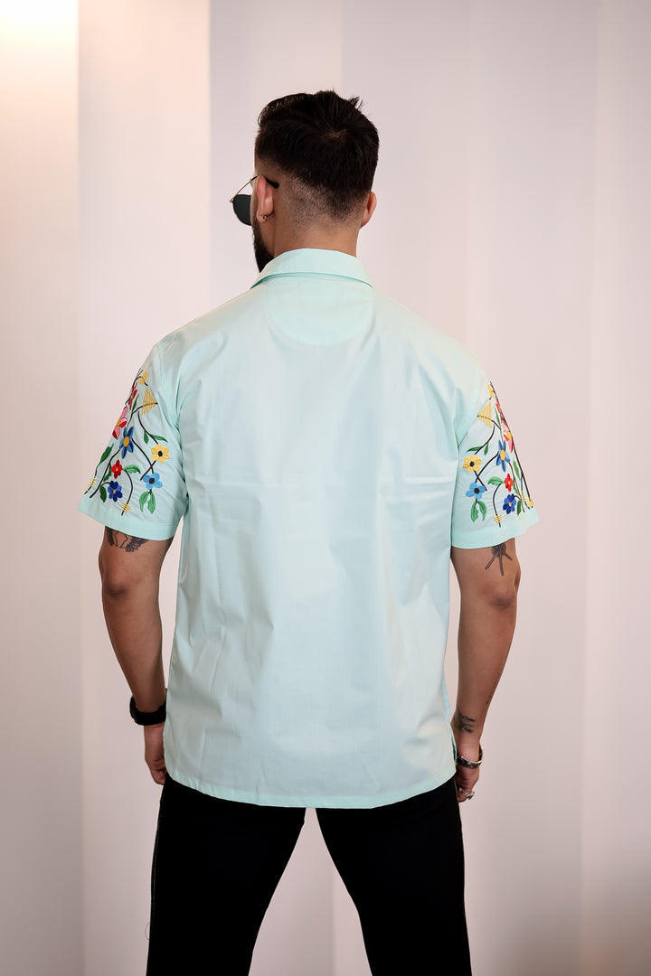 Classic: Floral Embroidery Cuban Green Shirt 8