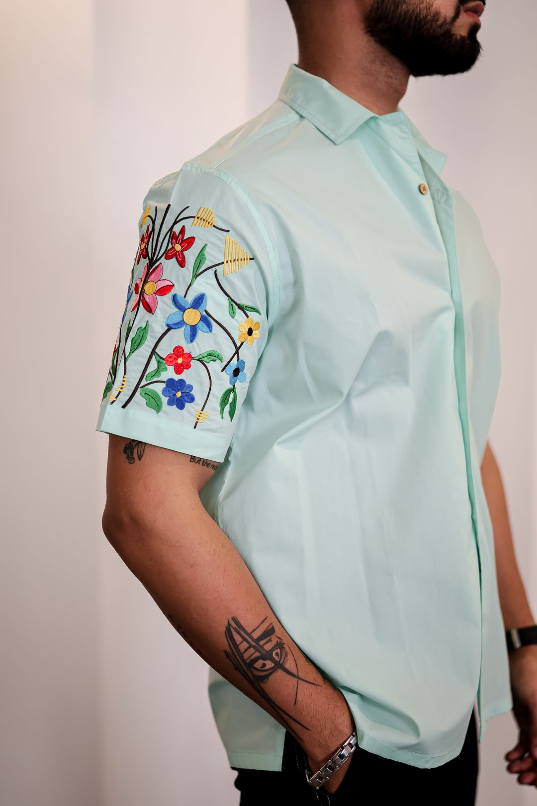 Classic: Floral Embroidery Cuban Green Shirt 9