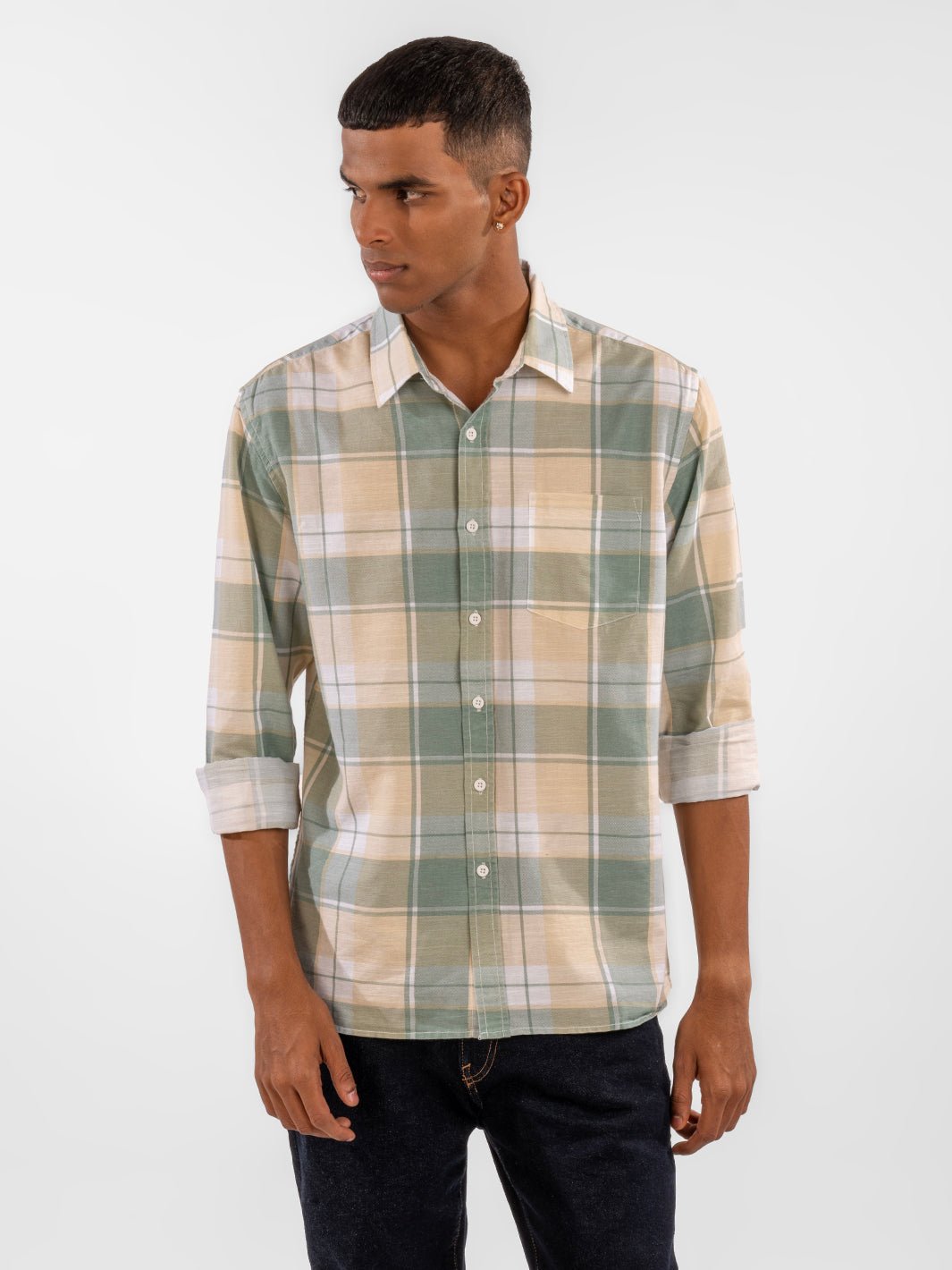 Cotton Linen: Yellow Green Checks Shirt