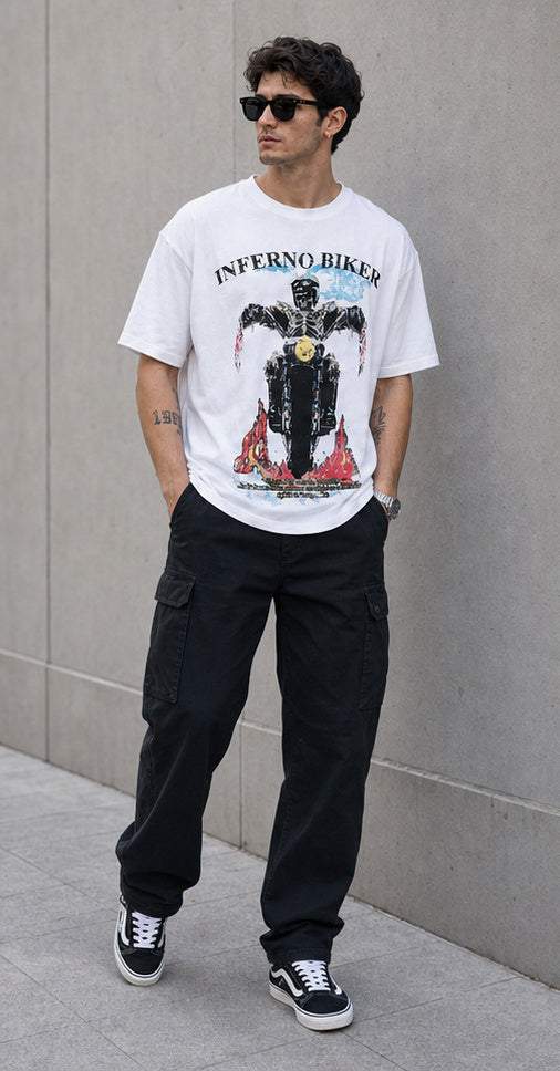 Inferno Biker: White Oversized T-shirt