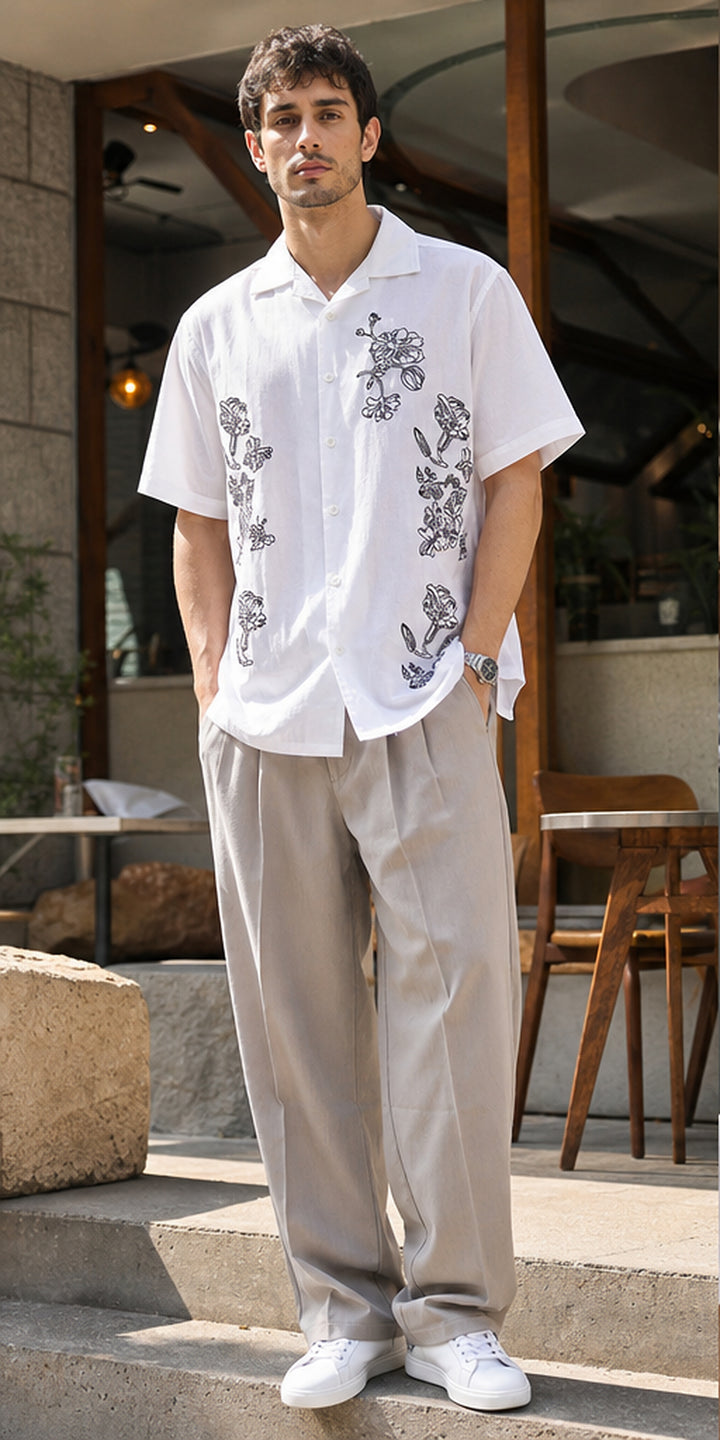 Brown Floral embroidery Cotton Cuban Shirt