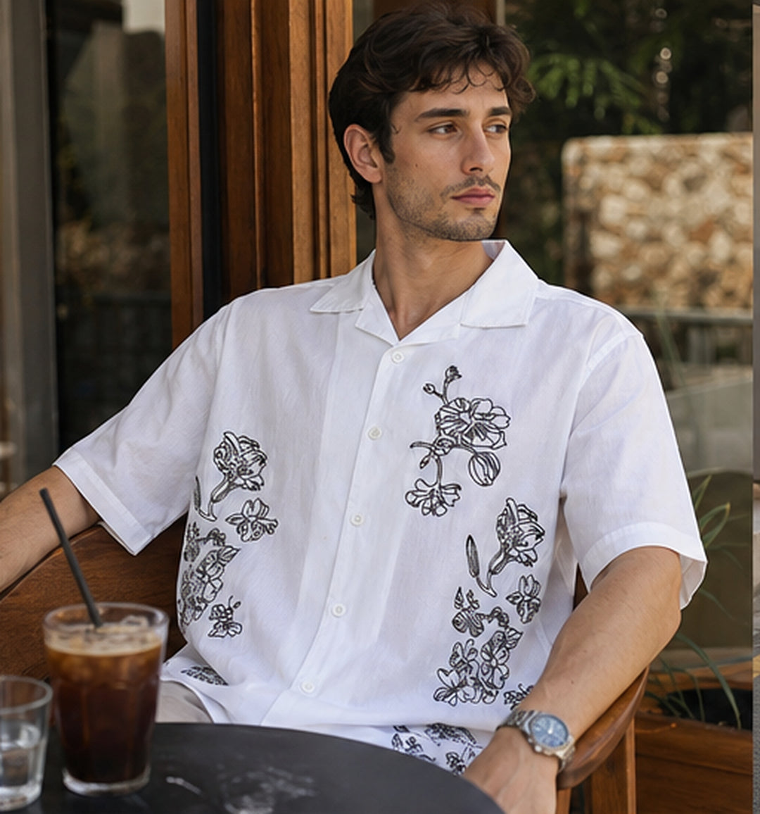 Brown Floral embroidery Cotton Cuban Shirt