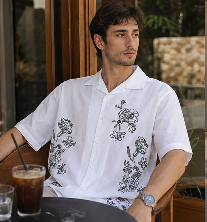 Brown Floral embroidery Cotton Cuban Shirt