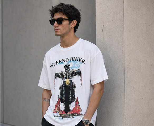 Inferno Biker: White Oversized T-shirt