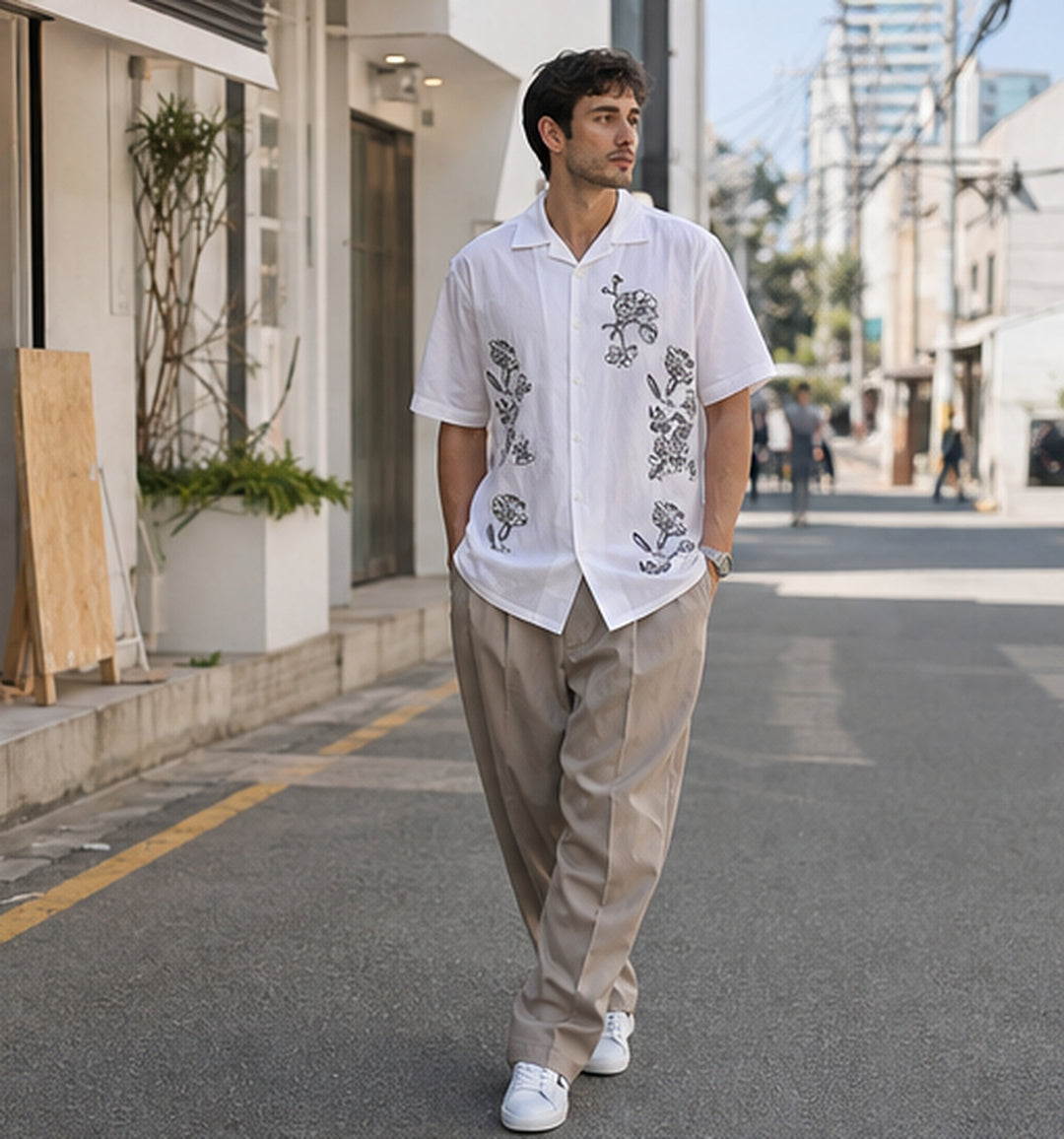 Brown Floral embroidery Cotton Cuban Shirt