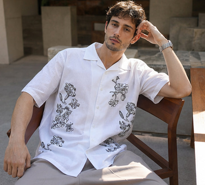 Brown Floral embroidery Cotton Cuban Shirt