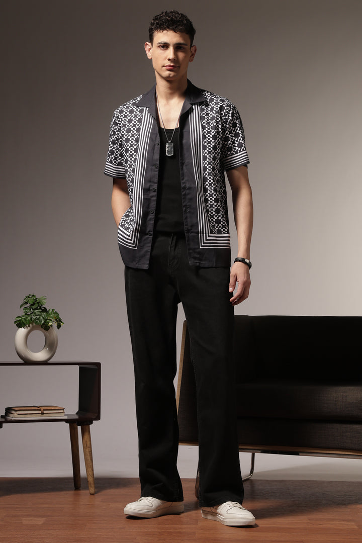 Square Print Black Cotton Cuban Shirt