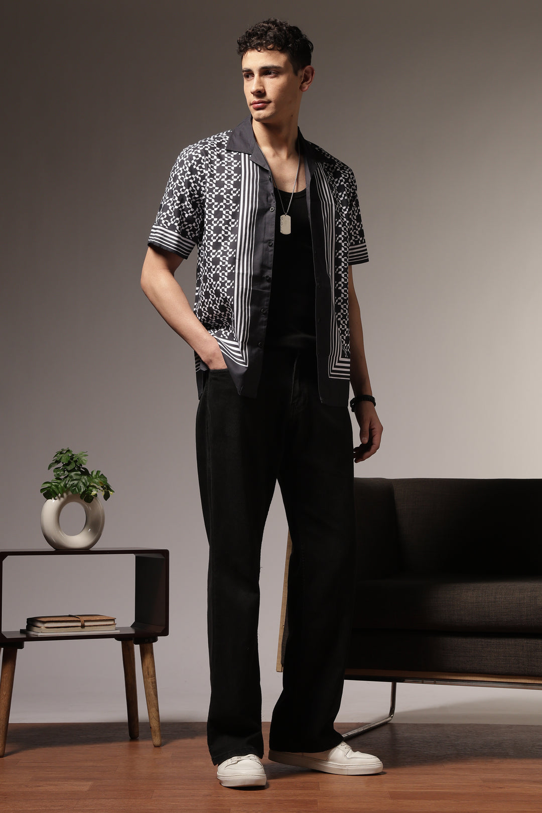 Square Print Black Cotton Cuban Shirt