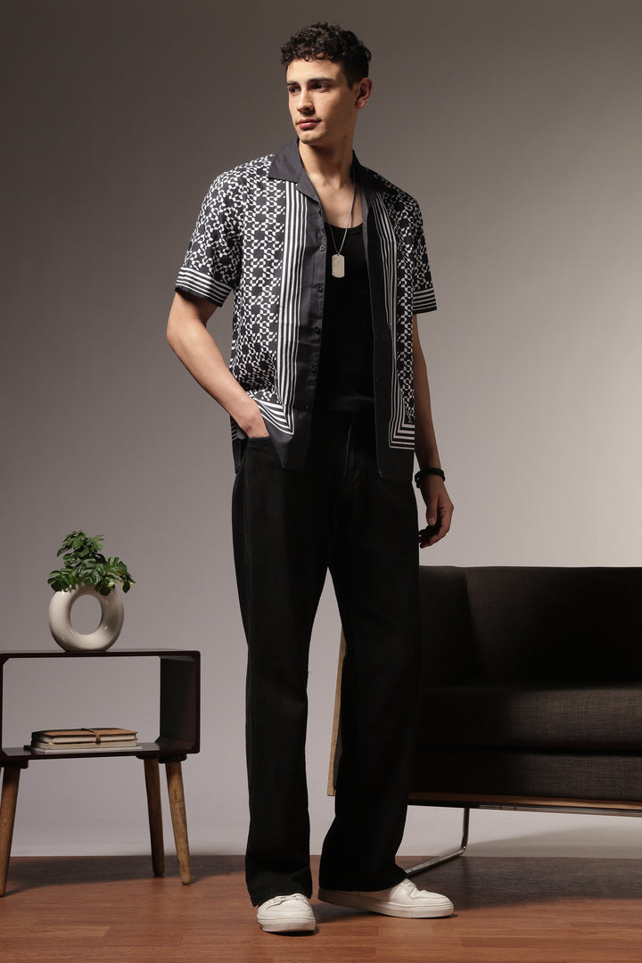 Square Print Black Cotton Cuban Shirt