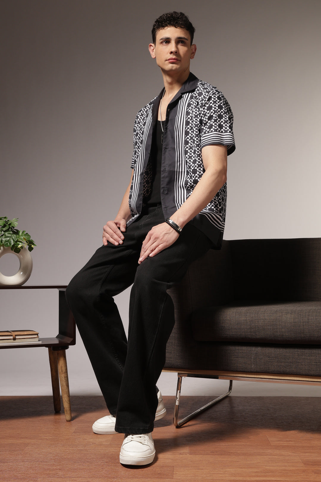 Square Print Black Cotton Cuban Shirt