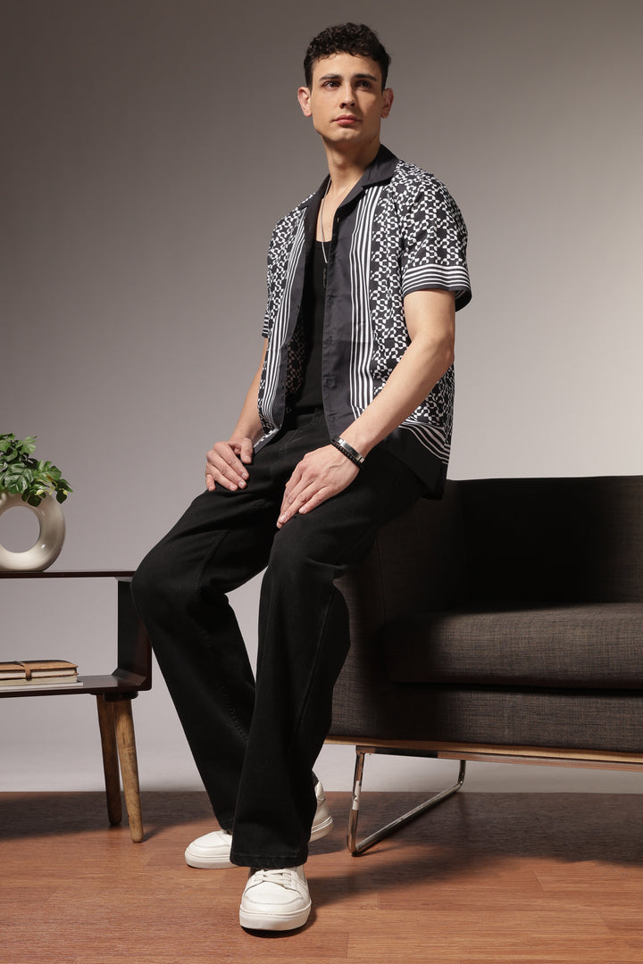 Square Print Black Cotton Cuban Shirt