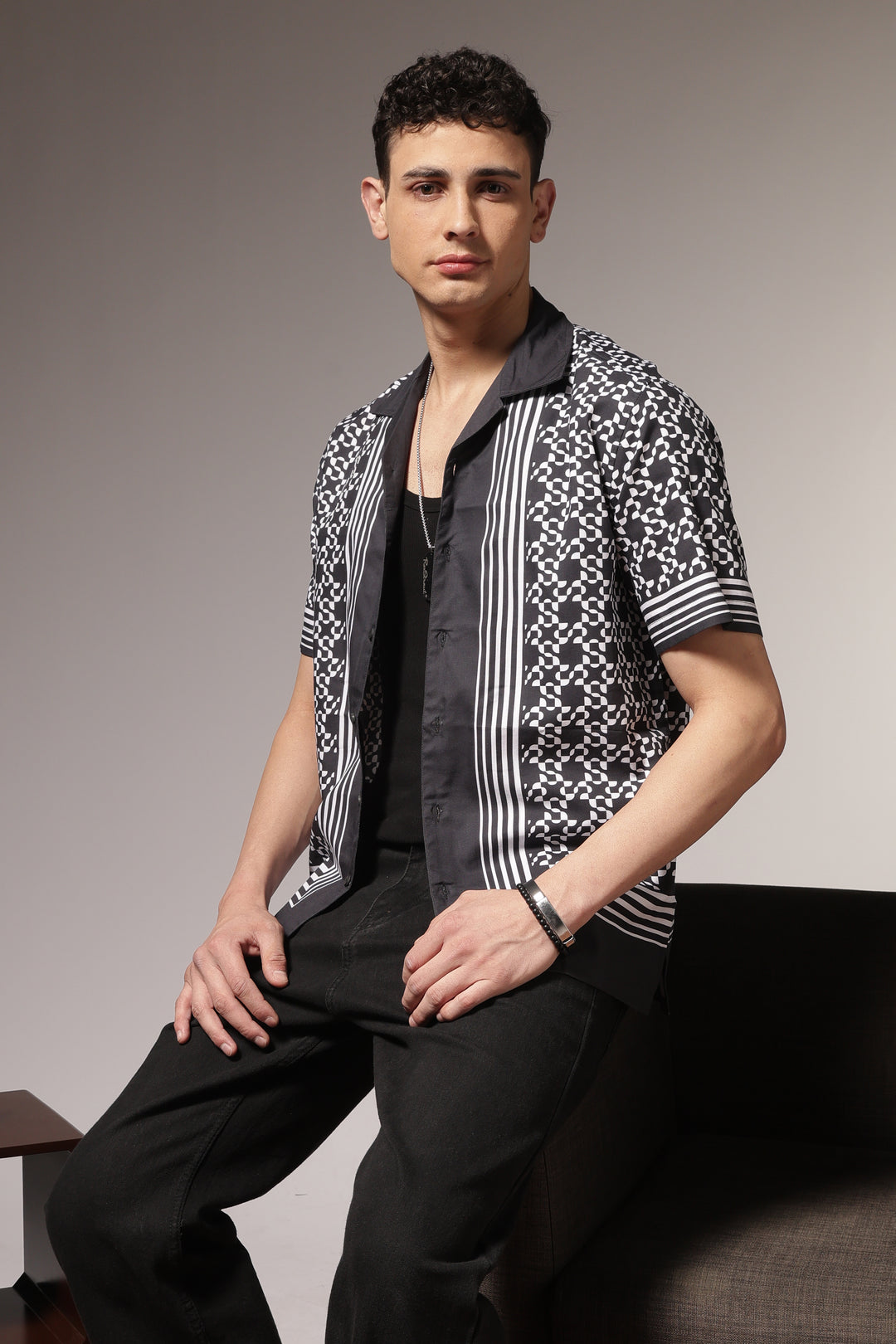 Square Print Black Cotton Cuban Shirt
