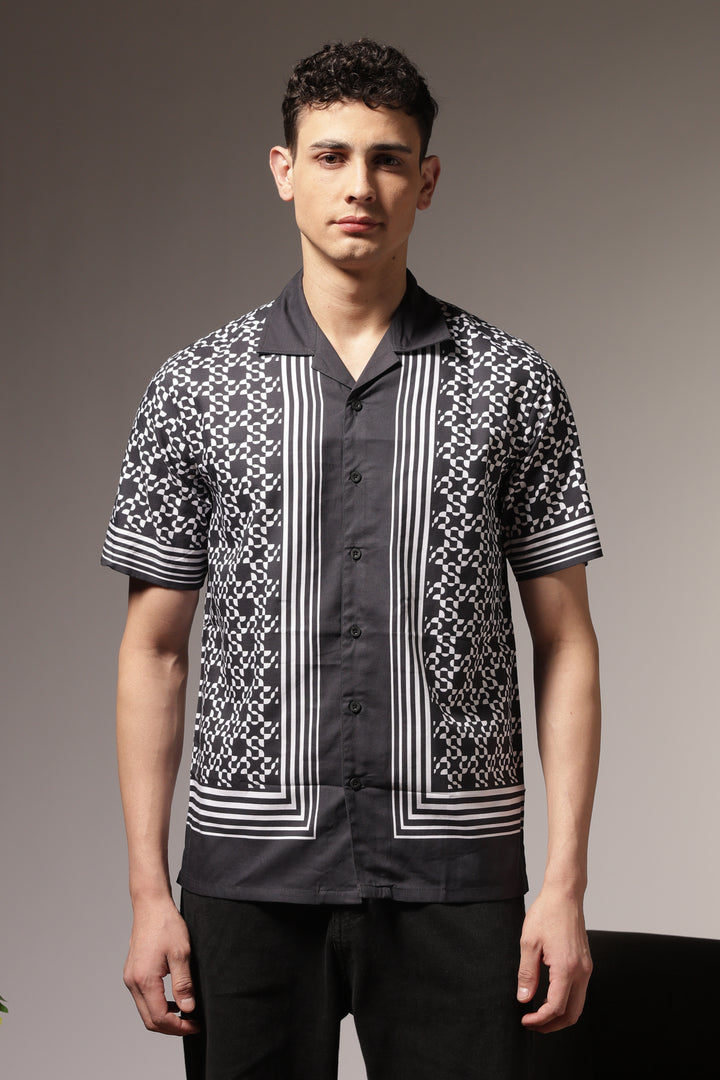 Square Print Black Cotton Cuban Shirt