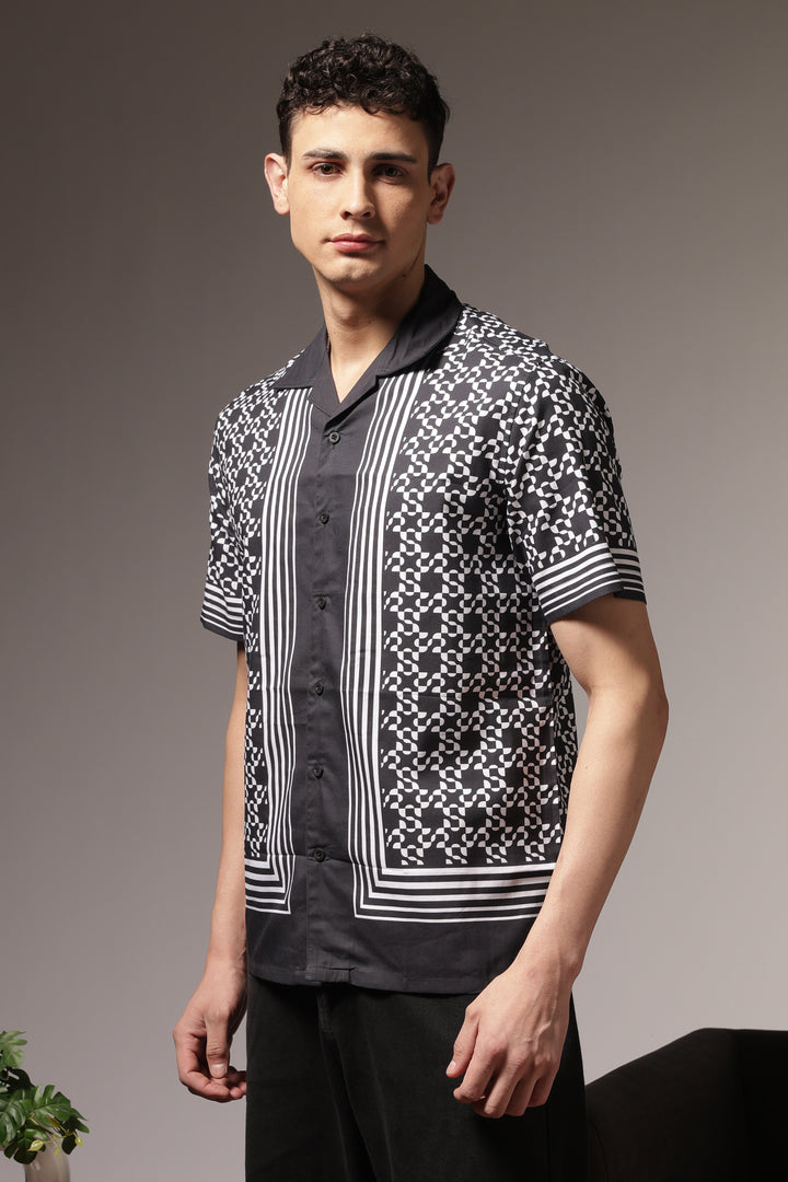 Square Print Black Cotton Cuban Shirt