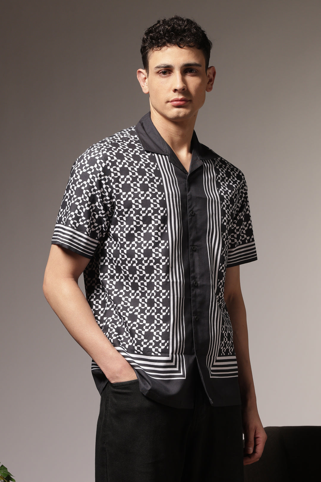 Square Print Black Cotton Cuban Shirt