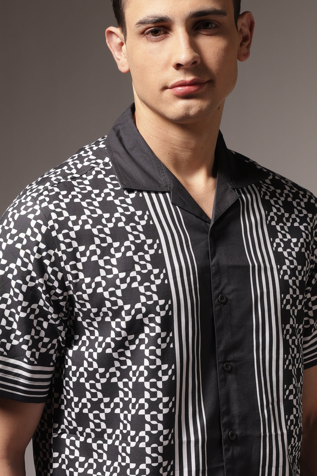 Square Print Black Cotton Cuban Shirt