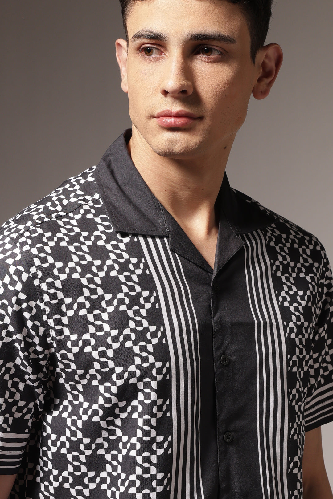 Square Print Black Cotton Cuban Shirt