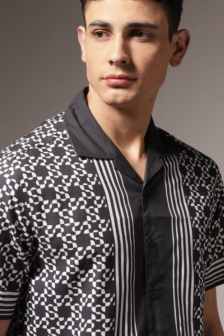 Square Print Black Cotton Cuban Shirt