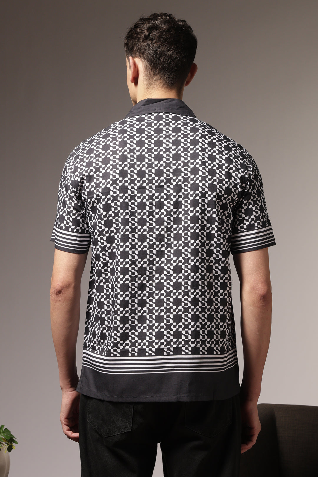 Square Print Black Cotton Cuban Shirt