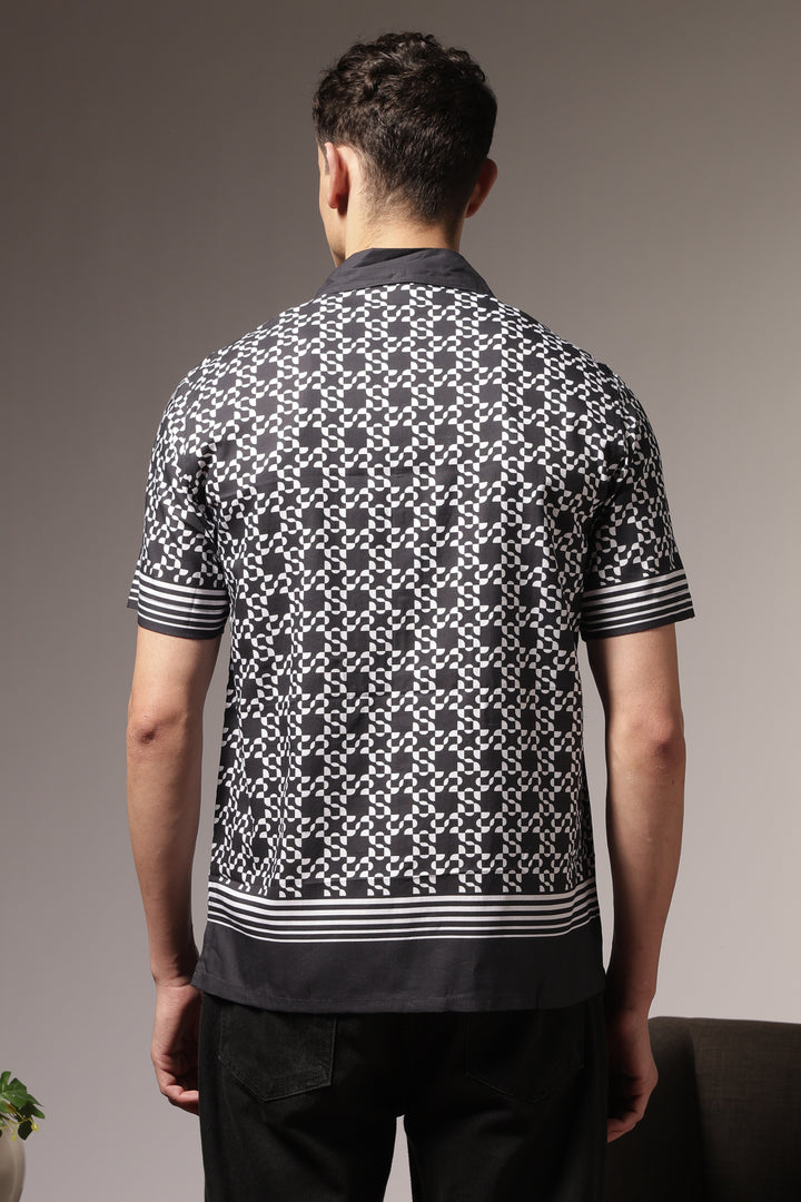 Square Print Black Cotton Cuban Shirt