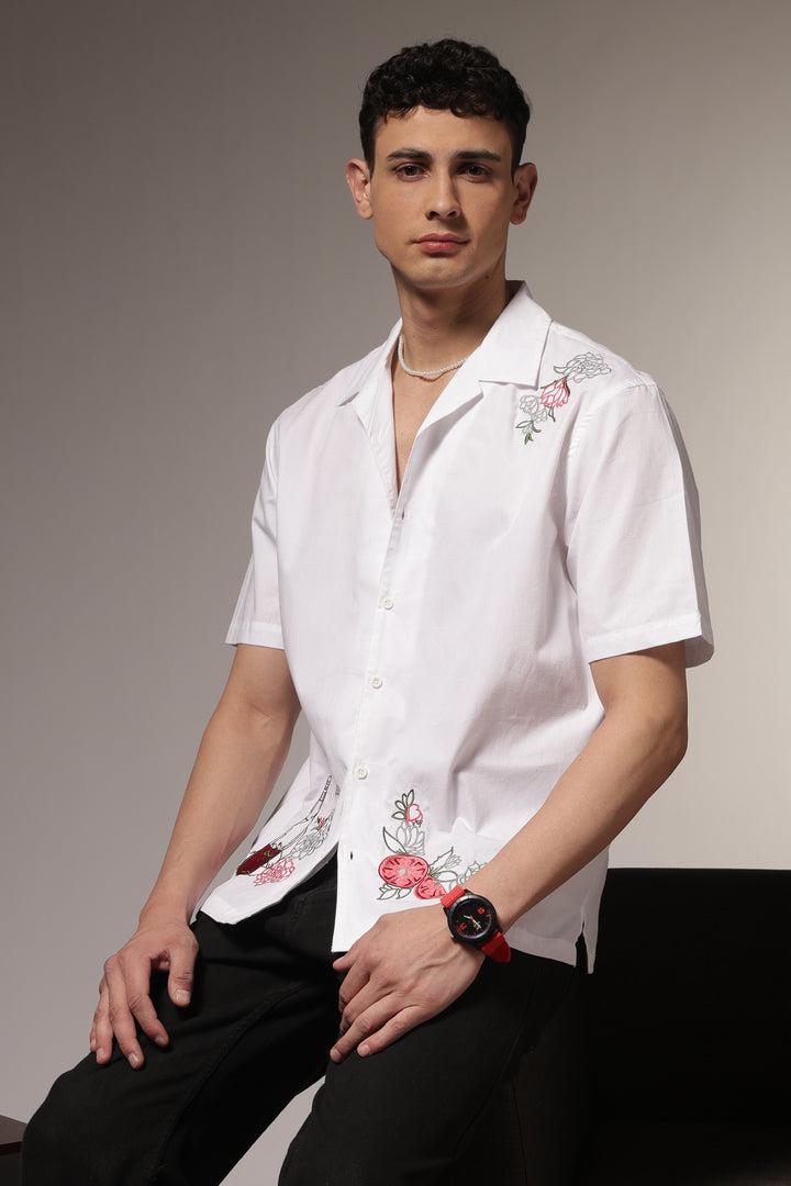 Pitcher Embroidery: White Cuban Shirt
