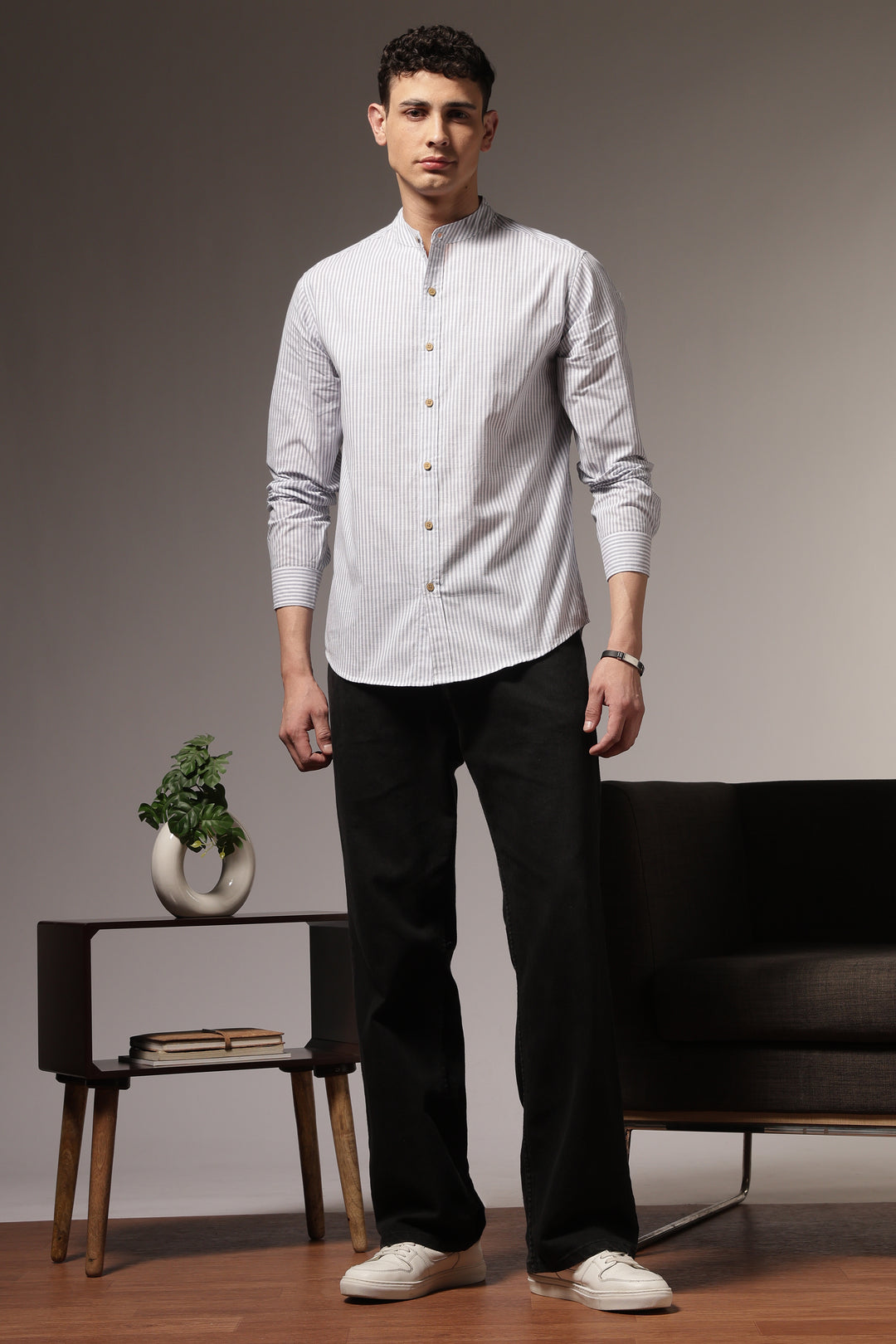 Streaks: Mandarin Collar Grey Shirt