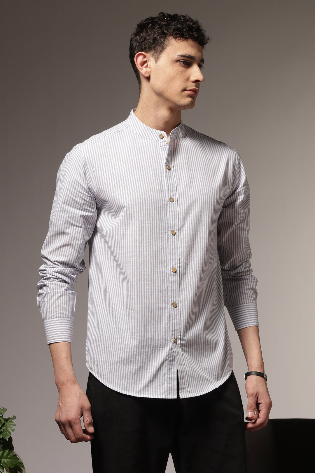 Streaks: Mandarin Collar Grey Shirt