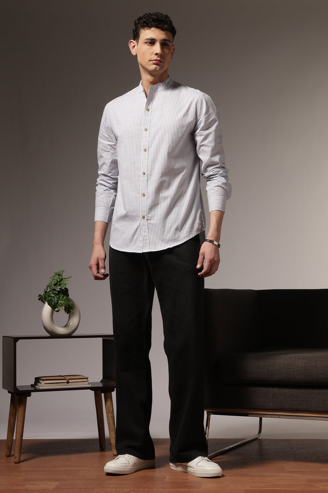 Streaks: Mandarin Collar Grey Shirt