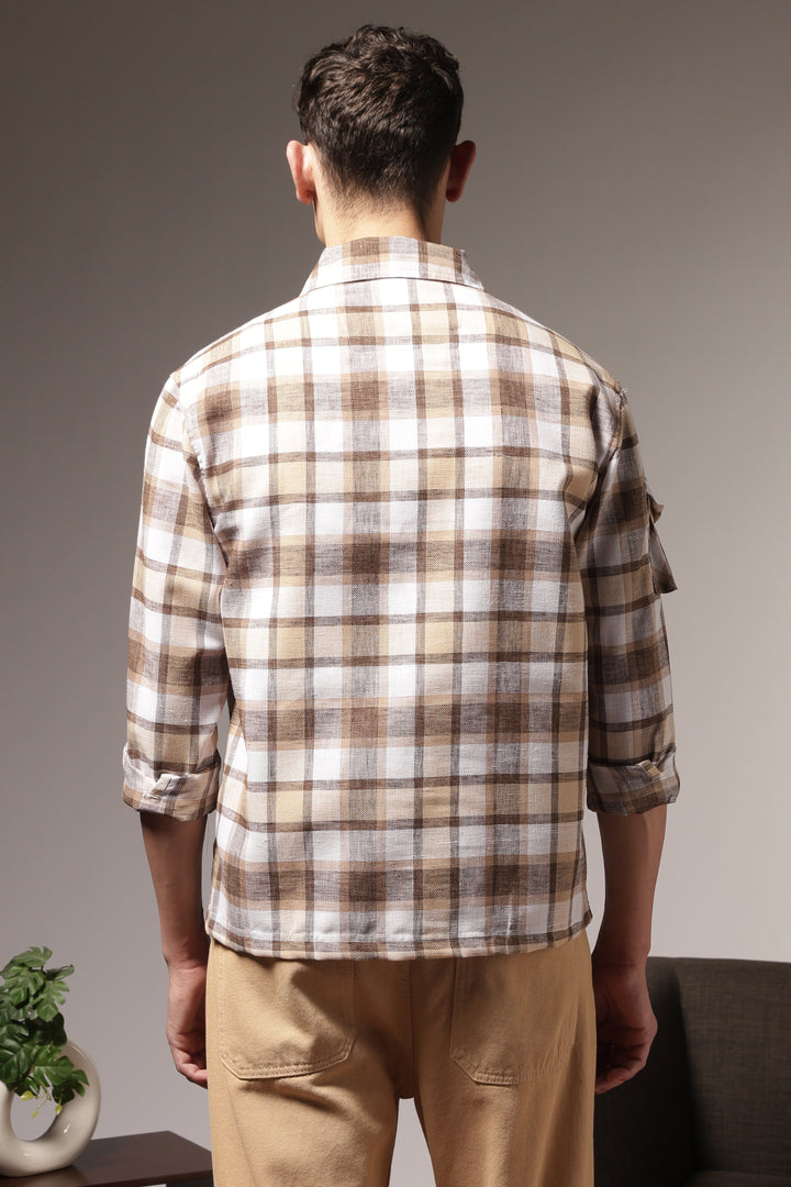 Plaid: Brown Checks Cargo Pocket Shirt
