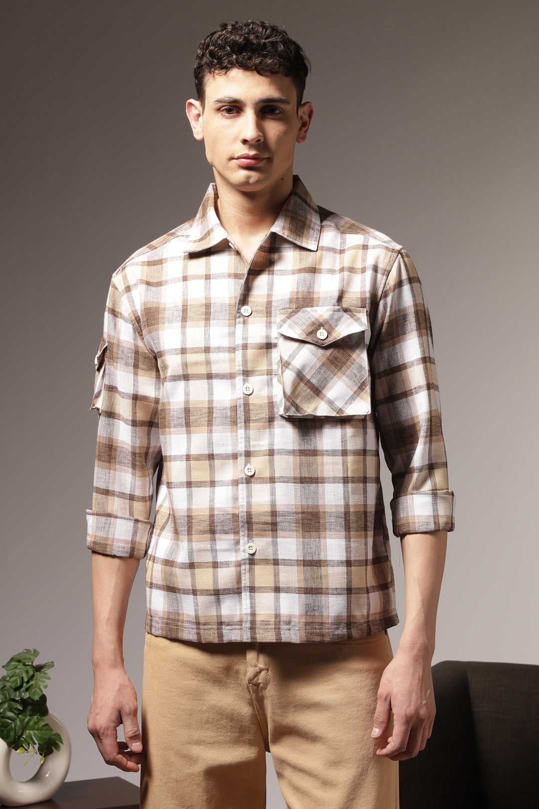 Plaid: Brown Checks Cargo Pocket Shirt