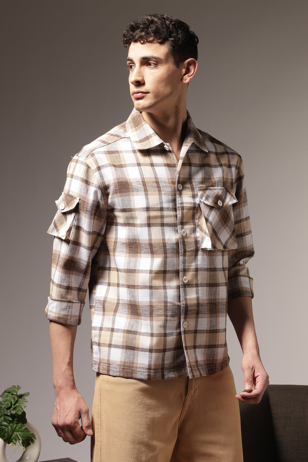Plaid: Brown Checks Cargo Pocket Shirt