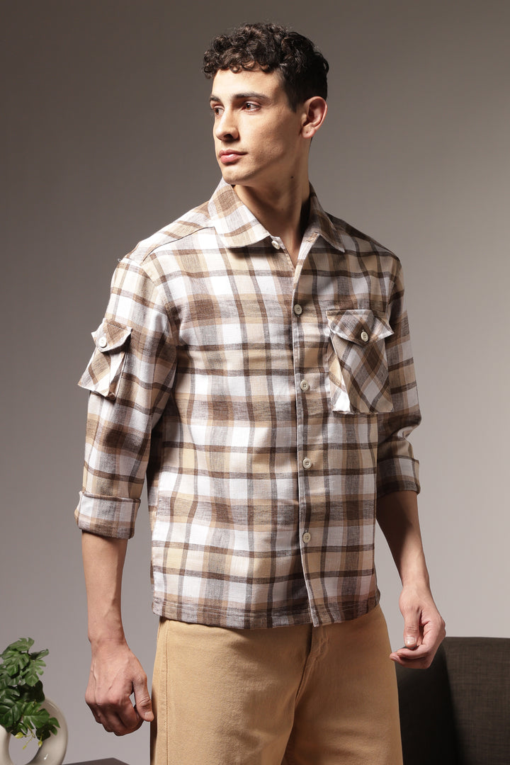 Plaid: Brown Checks Cargo Pocket Shirt