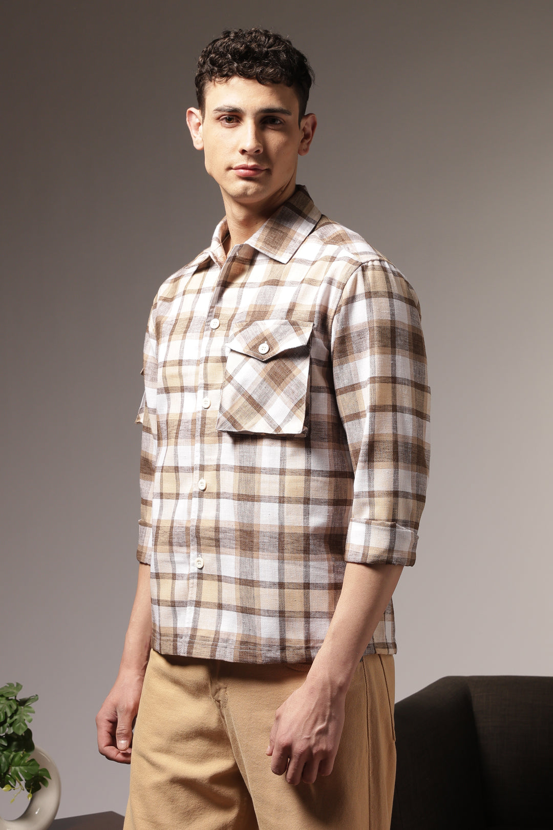 Plaid: Brown Checks Cargo Pocket Shirt