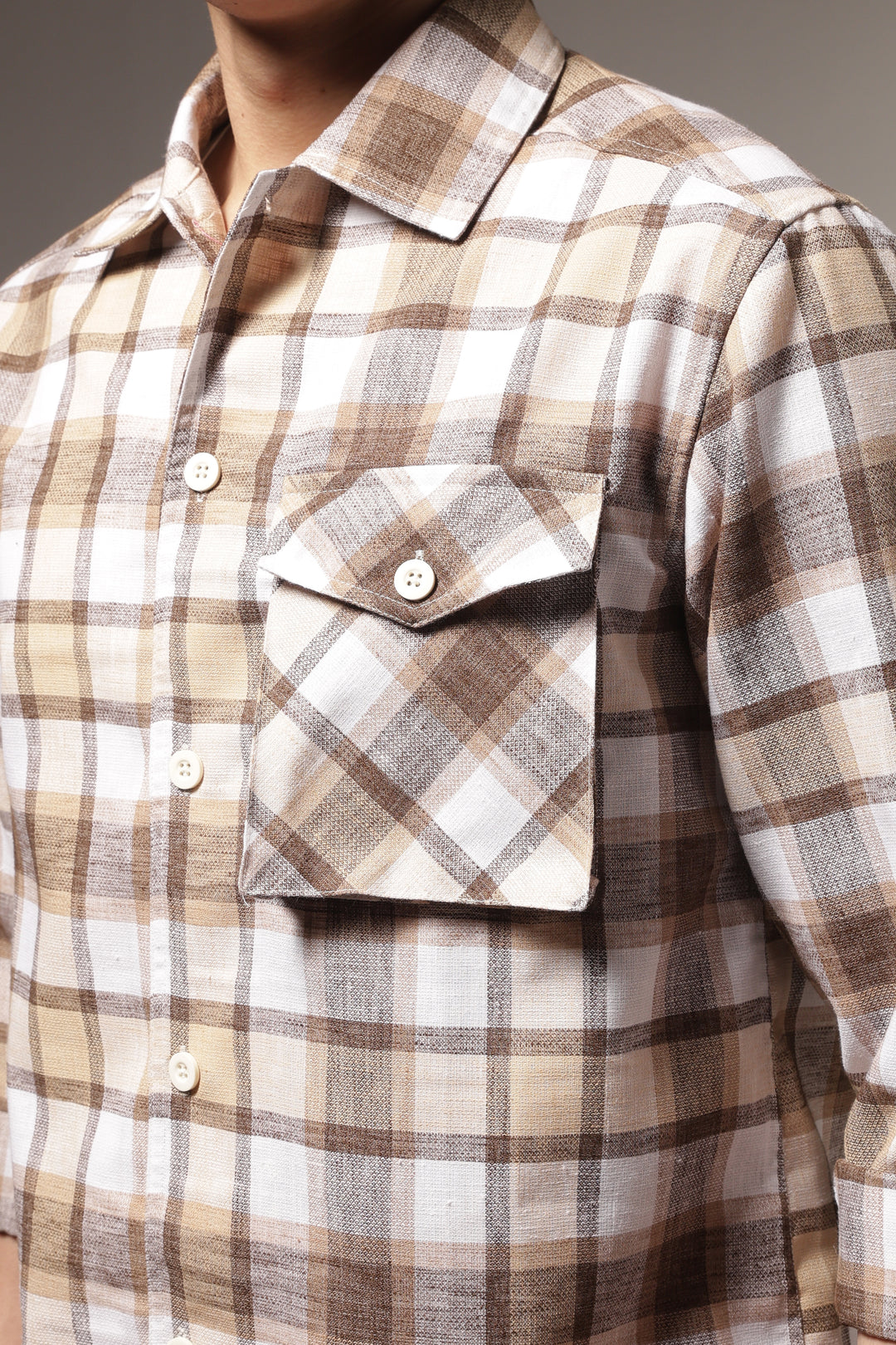 Plaid: Brown Checks Cargo Pocket Shirt